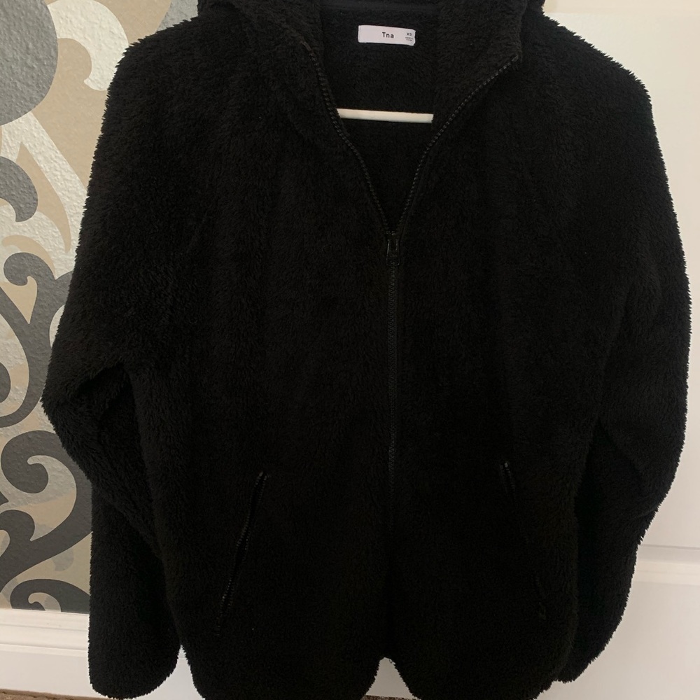 TNA black fuzzy jacket Sz XS
